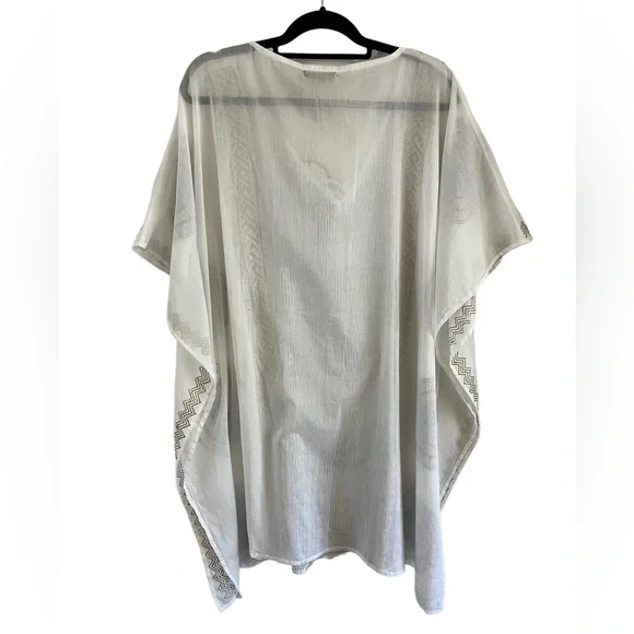NWT Eya Collection White Tunic Gauzy Coverup, Gold & Blue Mediterranean Print - Picture 3 of 13